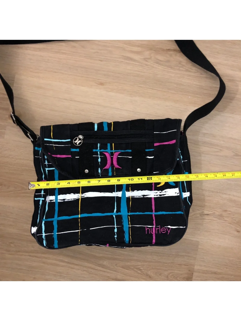 Vintage Hurley Wide Strap Shoulder Courier Messenger Tote Bag Y2K Black Rainbow